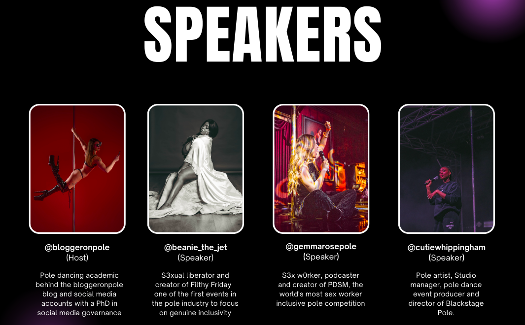 BLACKSTAGE TALKS: Breaking Moulds. In conversation with three founders pioneering safe(r) community spaces in the pole industry - Beanie The Jet, Cutie Whippingham, Gemma Rose, hosted by Bloggeronpole, Dr Carolina Are