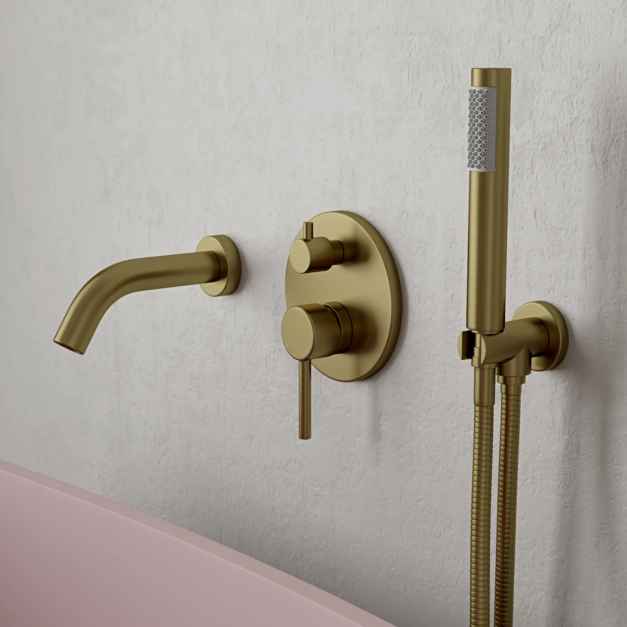 Nosa wall mounted bathroom brass fixer tap and shower and pink bath