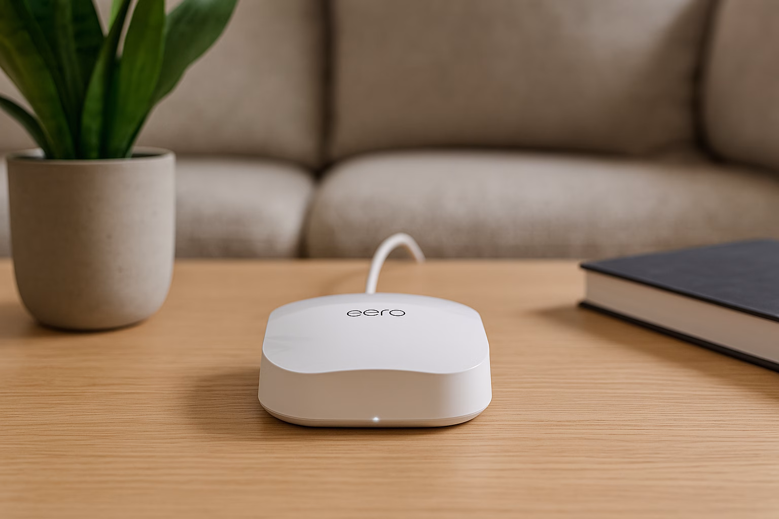 Amazon eero WiFi router on table.