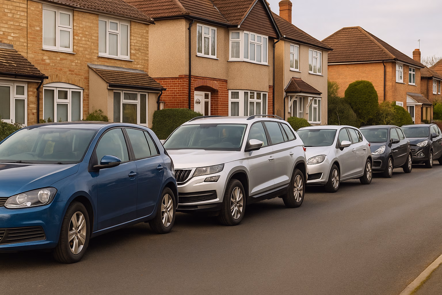 A row of everyday cars parked along a quiet UK suburban street with semi-detached houses in the background.