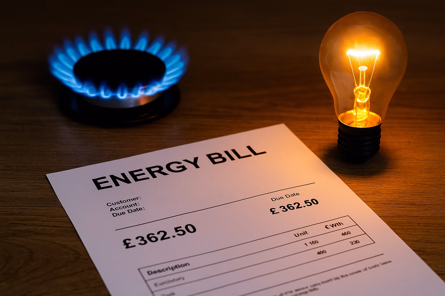 Energy bill with £362.50 charge placed on a wooden table beside a gas hob flame and a glowing light bulb.