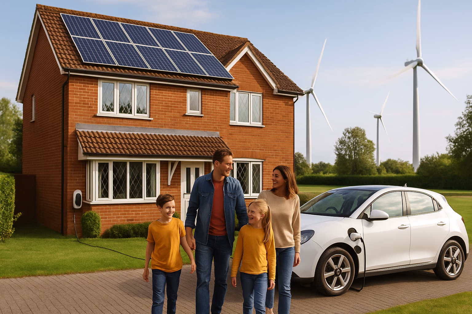 A family of four stands outside their suburban UK home with rooftop solar panels, an electric car charging on the driveway, and wind turbines in the background.