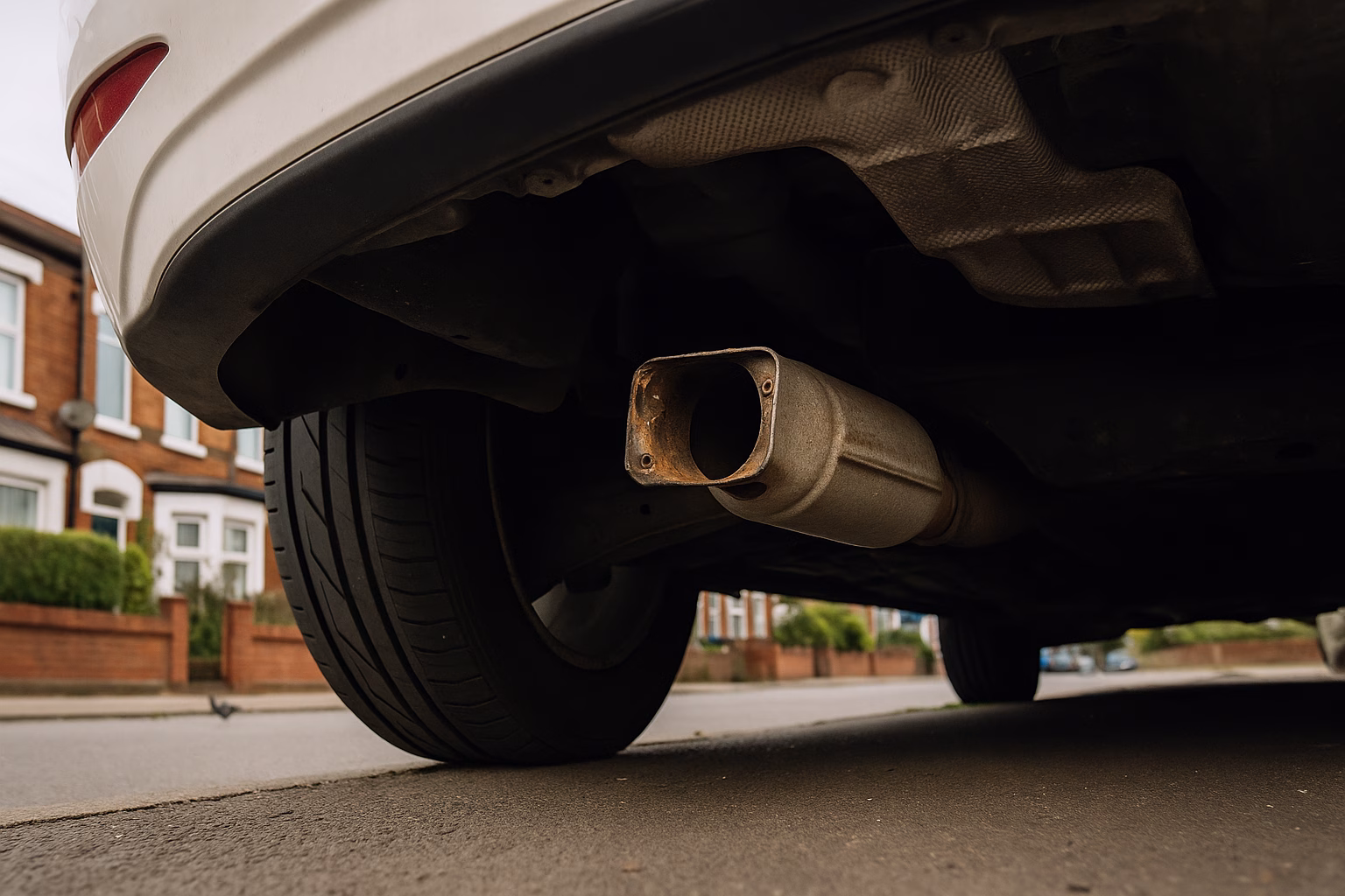 Close-up of a car’s underside showing a missing catalytic converter on a suburban UK street.