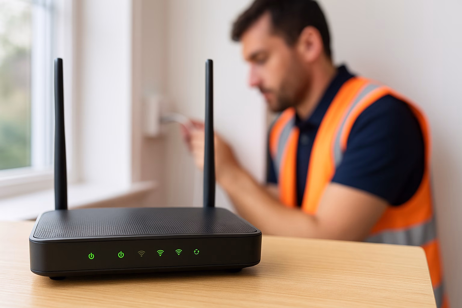 Close-up of a modern broadband router with glowing lights on a table, while an engineer works in the background.