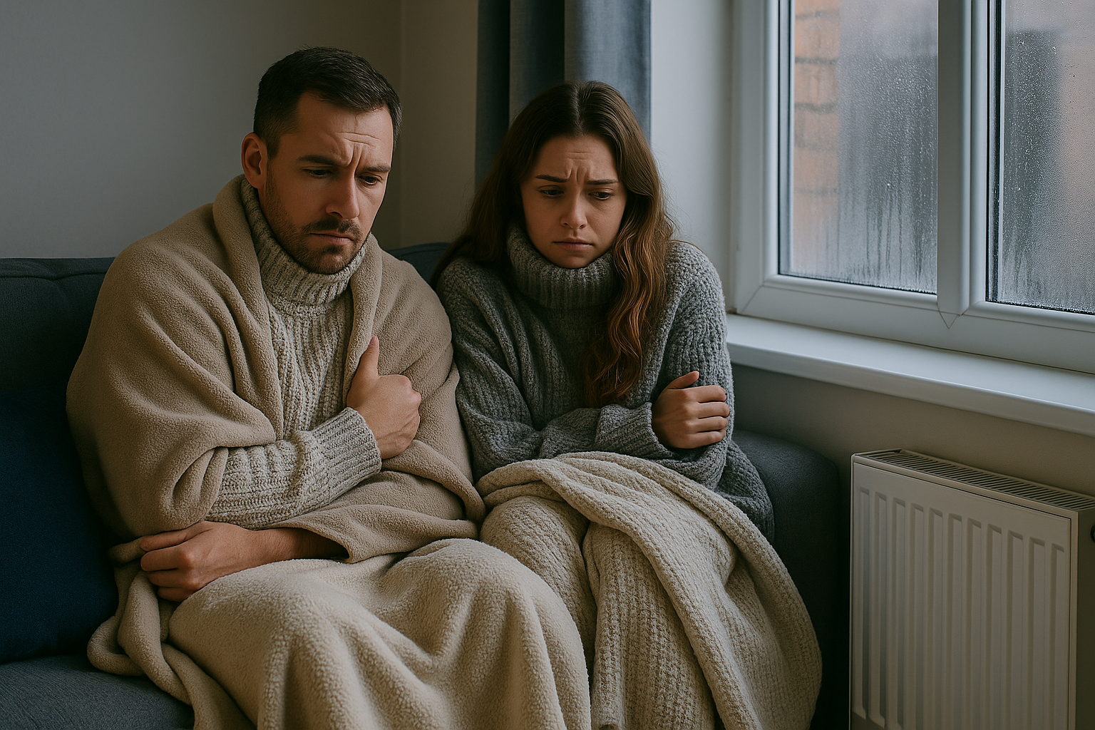 Couple wrapped in blankets in cold home