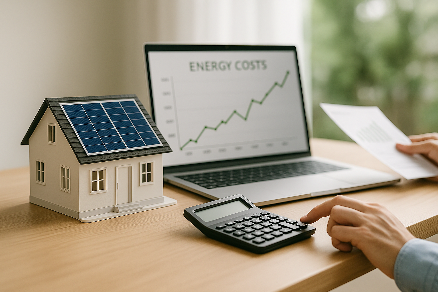 A person reviewing home energy costs on a laptop with a calculator and small house model on a wooden desk.