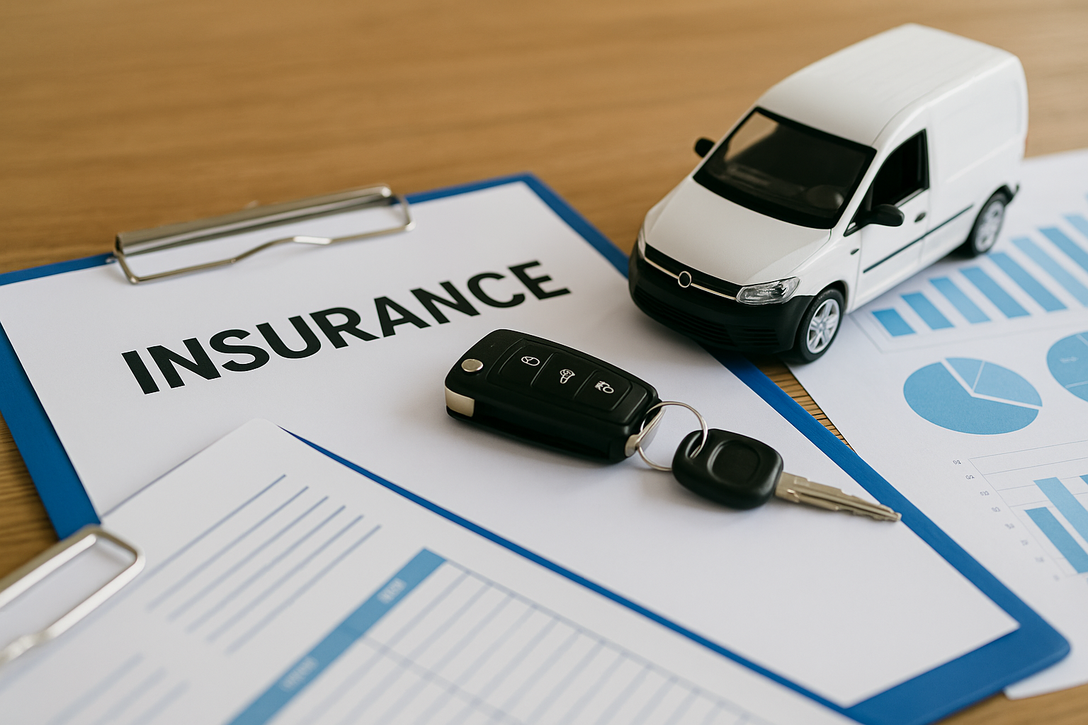 Car keys, insurance documents, and a miniature white van on a wooden desk.