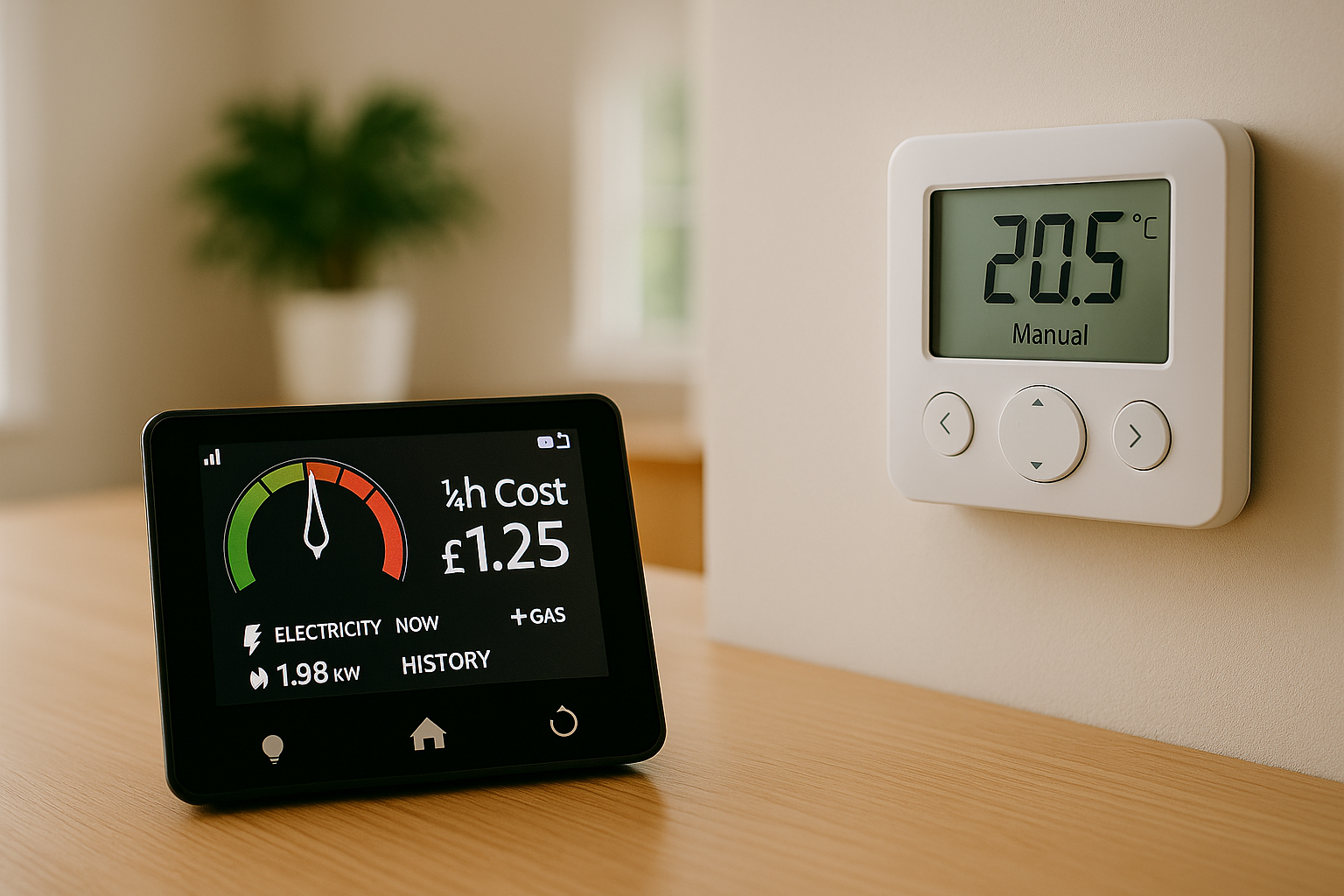 A UK smart energy monitor and wall-mounted thermostat in a bright, modern home interior.