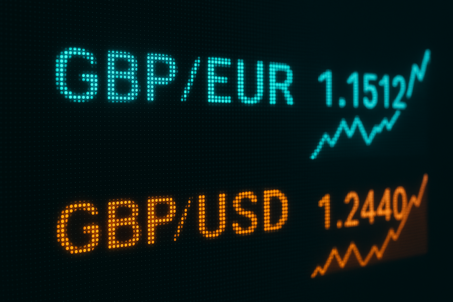 A digital screen showing GBP/EUR and GBP/USD exchange rates with upward graphs in turquoise and orange.