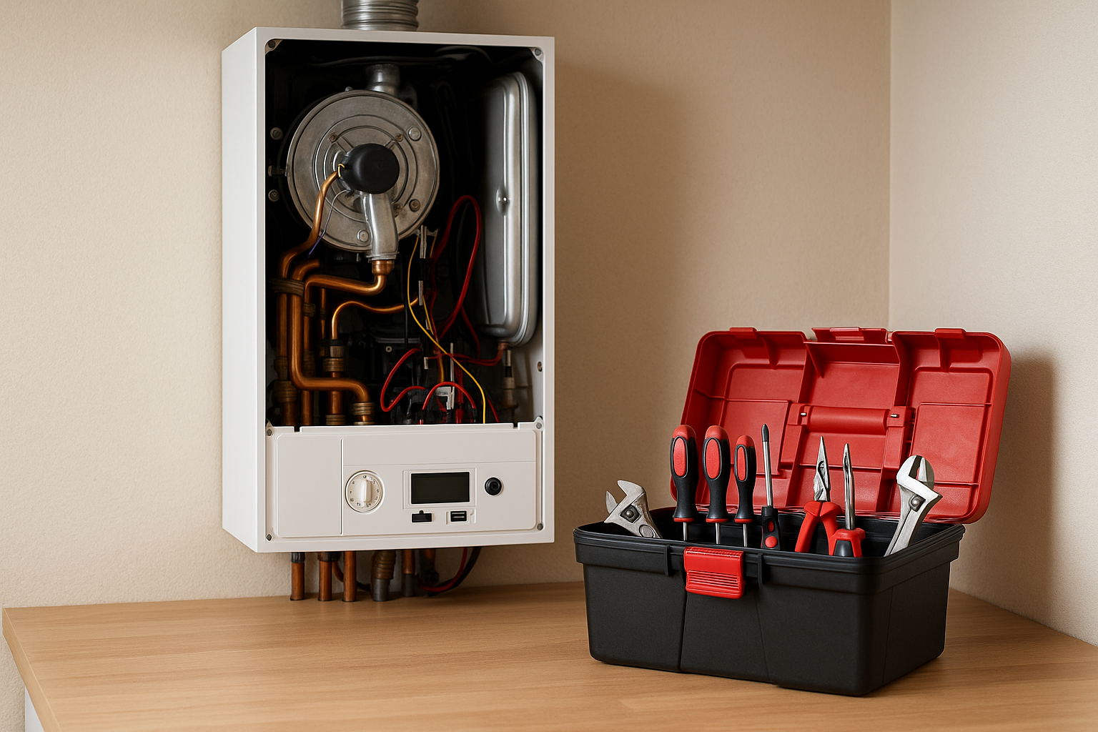 Toolbox and open boiler during repair inspection.