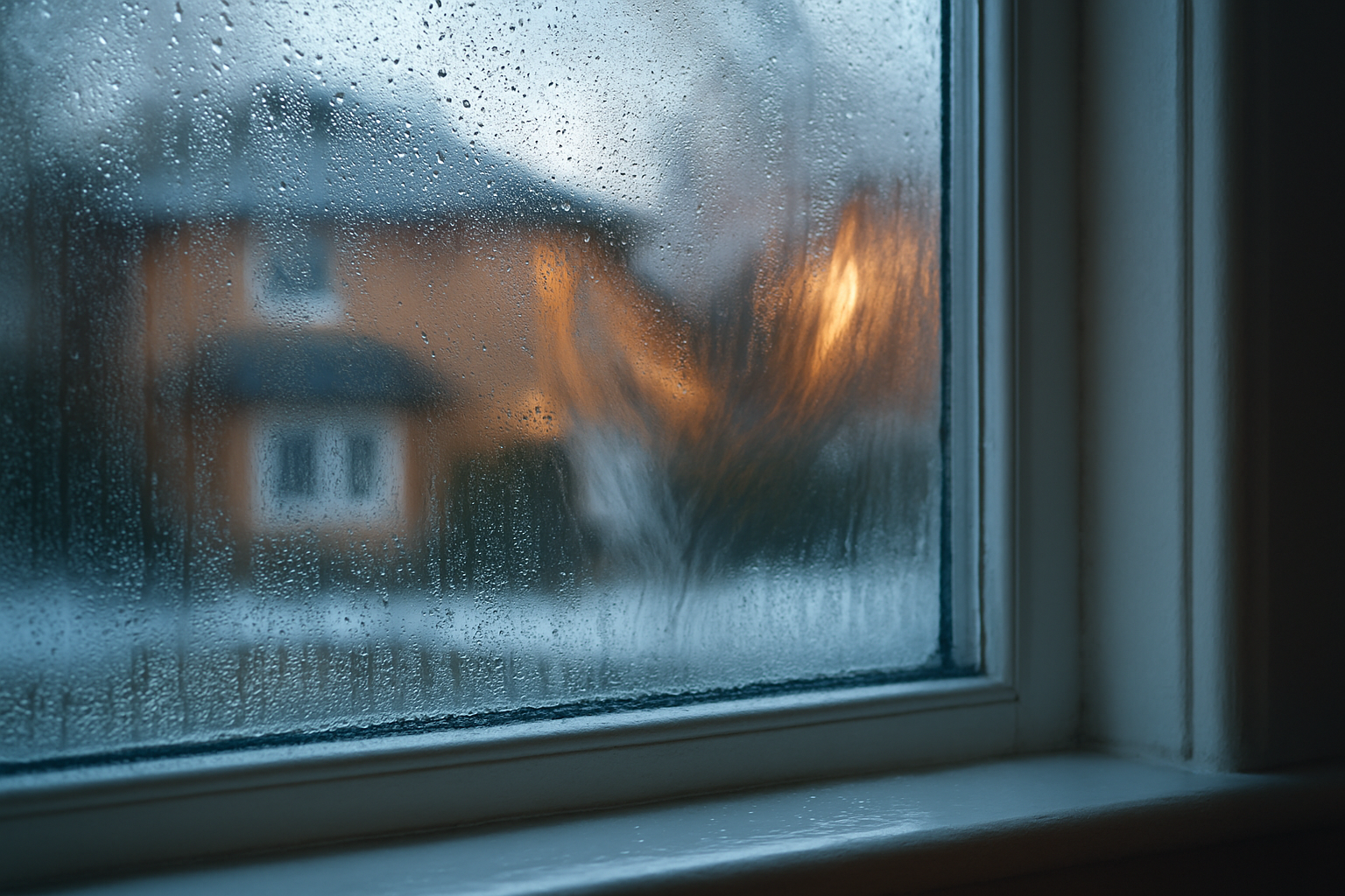 Condensation on cold window inside a poorly insulated home.