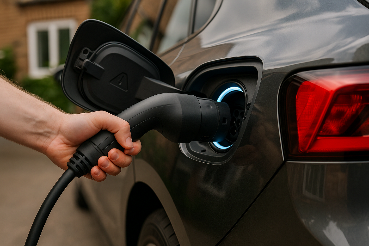 Close-up of a CCS rapid EV charging connector being plugged in.
