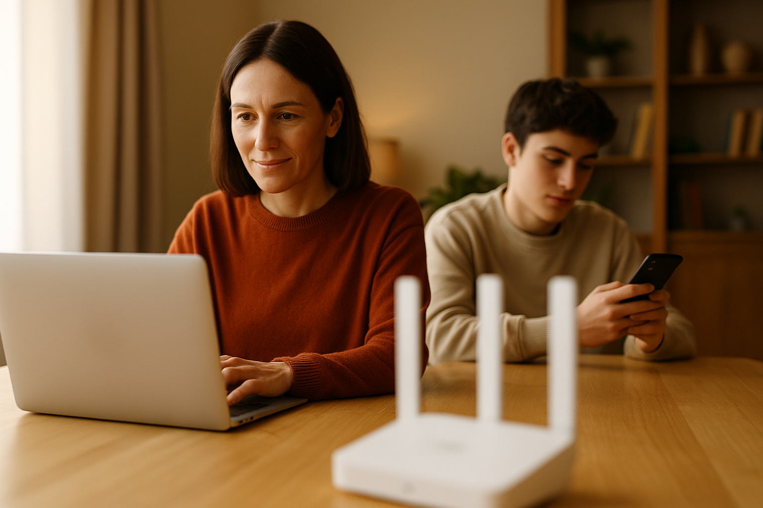 Woman on laptop and teenager on phone with router in foreground
