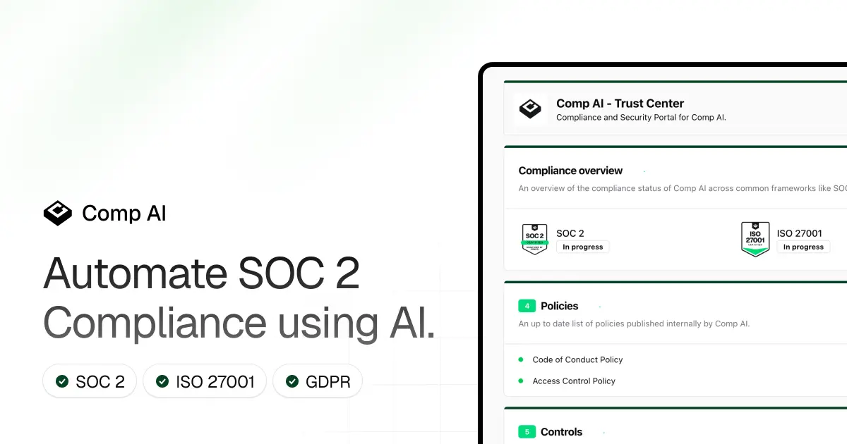 AI that handles compliance for you at startup speed. The effortless way to get SOC 2, HIPAA, GDPR, and ISO 27001 compliant in hours, not months.