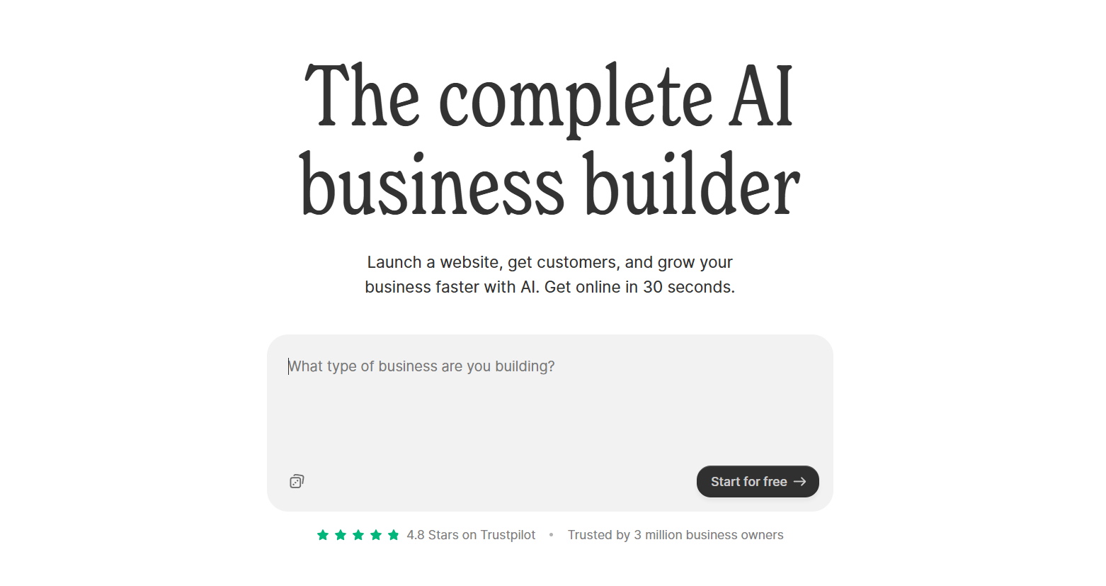Generate a website in 30 seconds with the world's fastest AI website builder. Then, use powerful AI marketing, invoicing, and CRM tools to grow your business. All with one app.