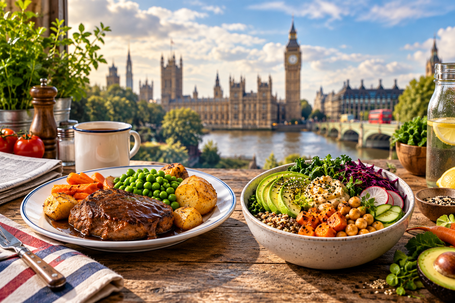 Traditional British meat and two veg beside a modern protein bowl overlooking London, representing changing British eating habits.