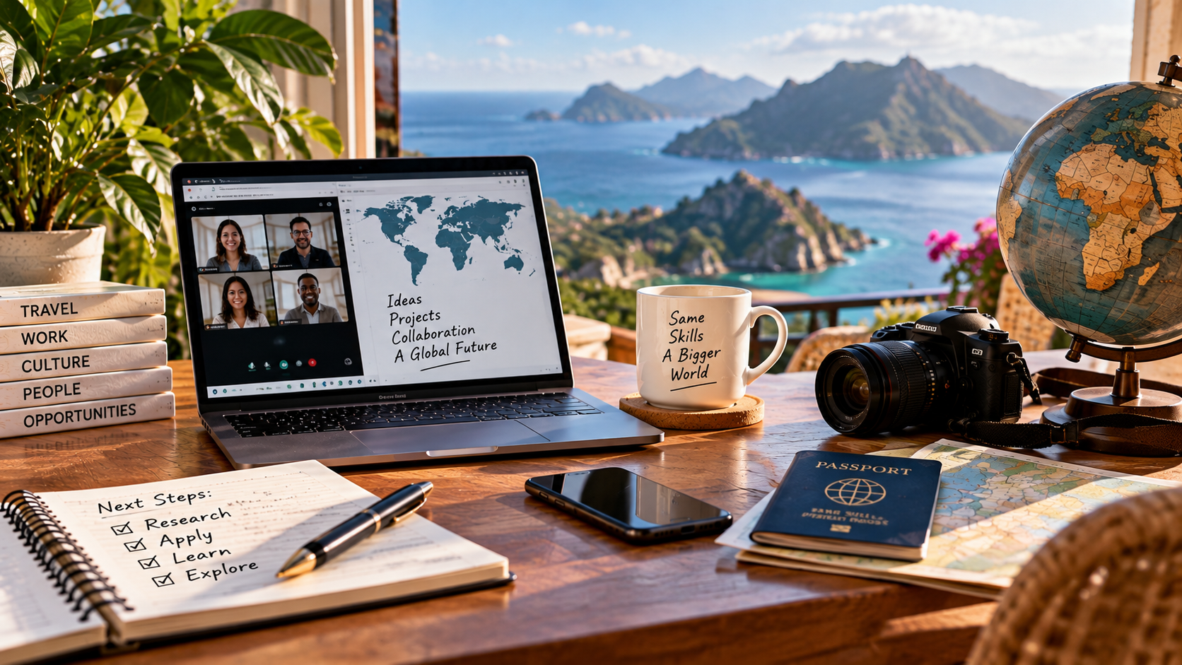 Remote work across borders illustrated by an international video meeting, laptop, world map and coastal workspace.